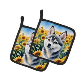 Alaskan Klee Kai in Sunflowers Pair of Pot Holders Kitchen Heat Resistant Pot Holders Sets Oven Hot Pads for Cooking Baking BBQ, 7 1/2 x 7 1/2